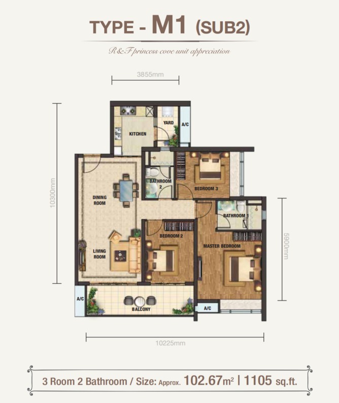 Princess Cove RNF Phase 2 Type M1 floor plan — 1105 sq ft, 3 bedrooms
