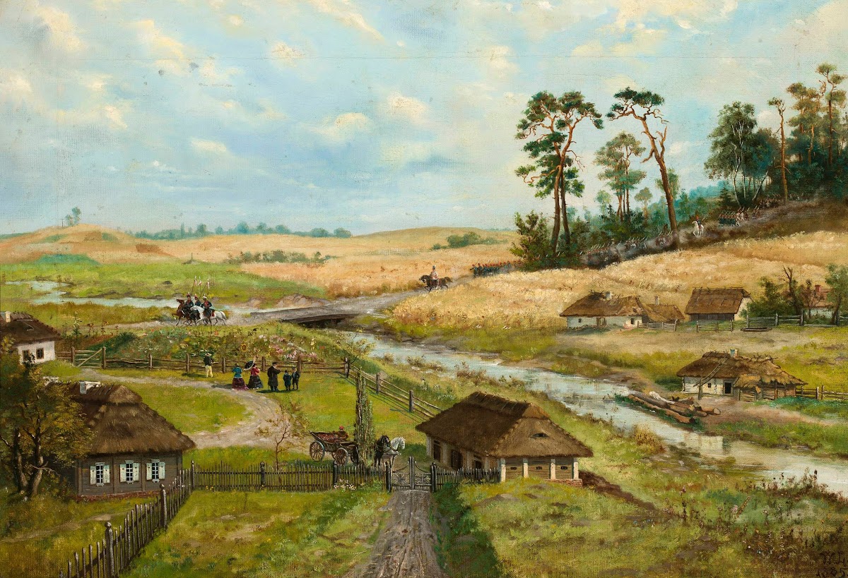 Kościuszkos troops march through a village 1885