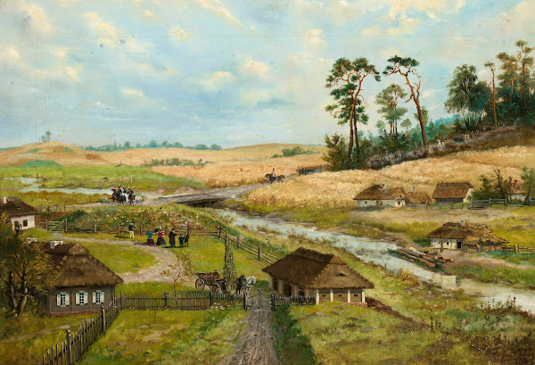 Kościuszkos troops march through a village 1885
