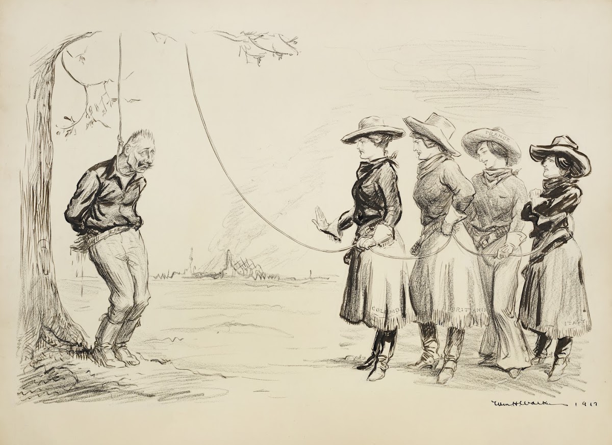 Four women dressed in Western clothes prepare to hang a bound Kaiser Wilhelm II