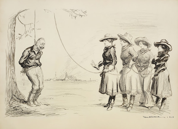 Four women dressed in Western clothes prepare to hang a bound Kaiser Wilhelm II