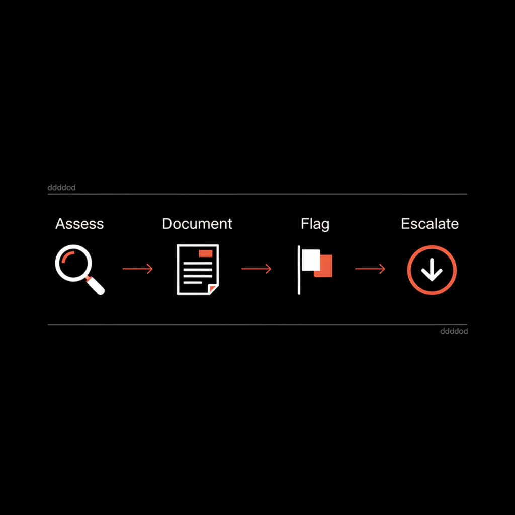 Minimal vector infographic showing Assess → Document → Flag → Escalate workflow on black background with pale labels and orange accents; visual guide to remove Google review fast.