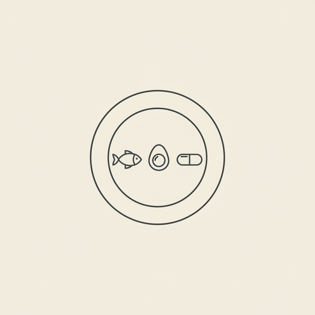 Minimalist line illustration of a plate with fish, egg, and capsule on beige background evoking nutrition and supplement synergy — how can I lose belly fat very fast?