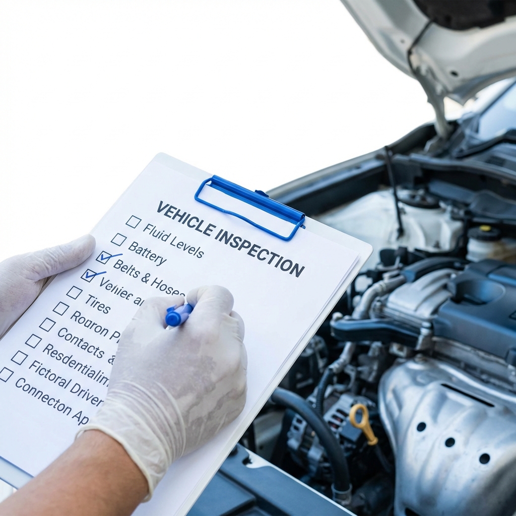 Close up of inspection checklist on clipboard beside car hood being examined showing carmax trade in value assessment on clean white background with blue brand accents