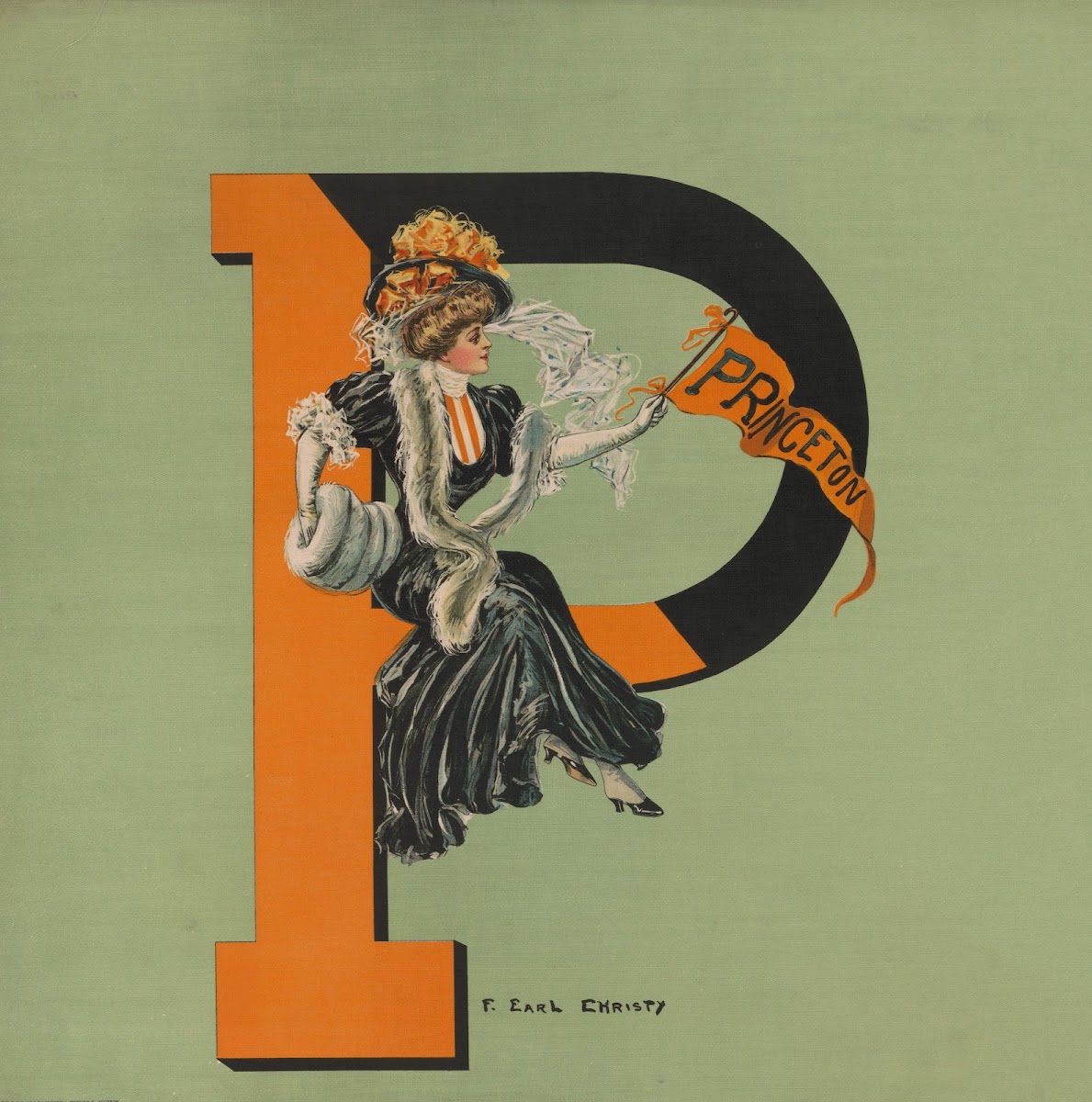 Woman waving a Princeton flag sitting on a giant P 1906