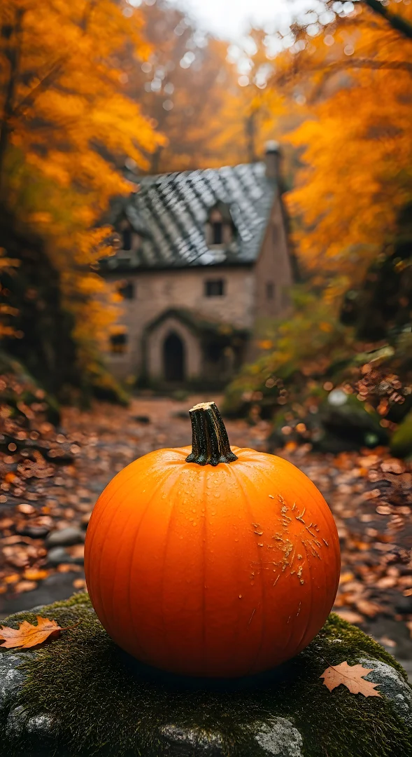 Rustic Cottage Path with Vibrant Orange Pumpkin in Autumn