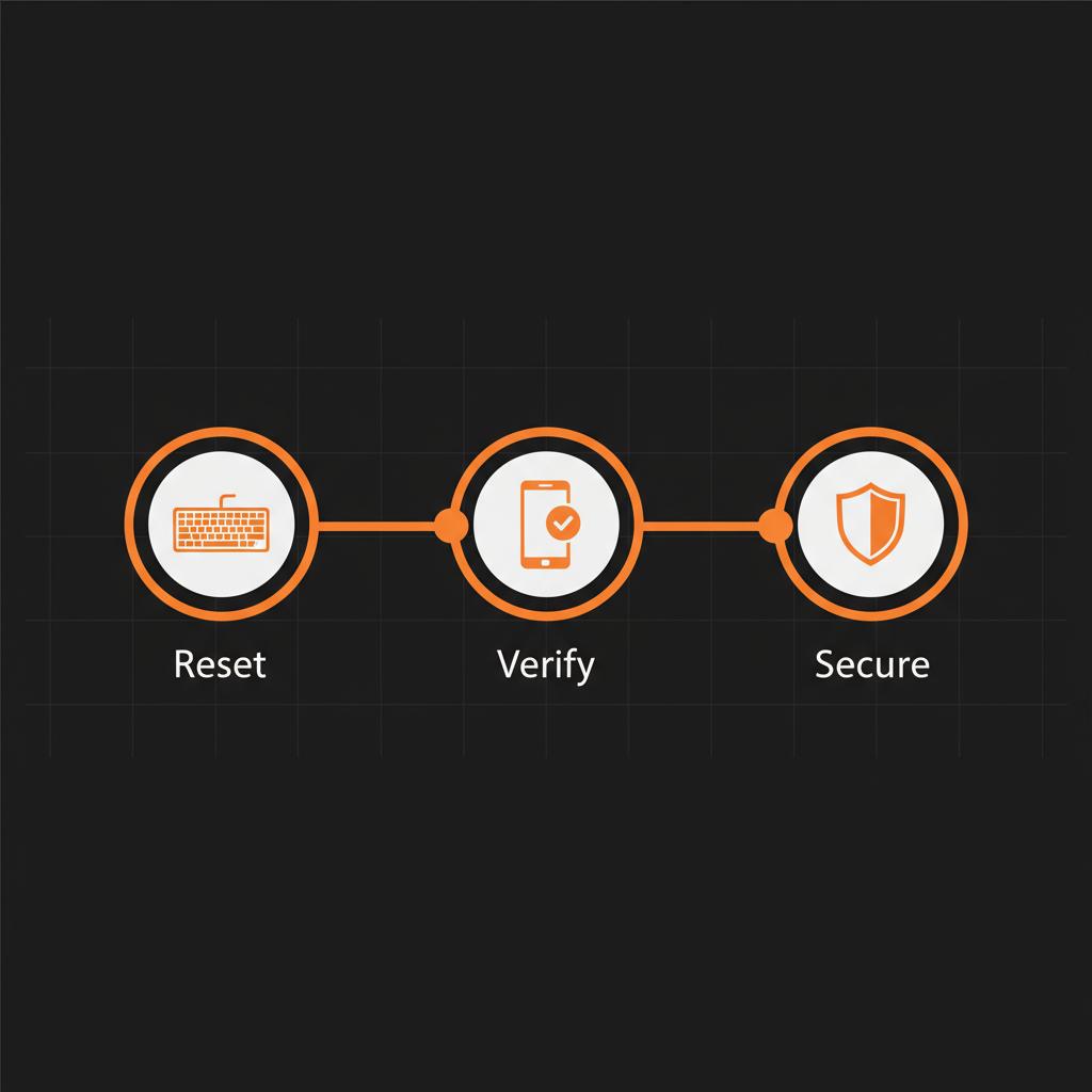 Minimal vector timeline infographic for "How do I recover my Outlook password?" showing steps Reset -> Verify -> Secure with keyboard, phone, shield icons on black background.