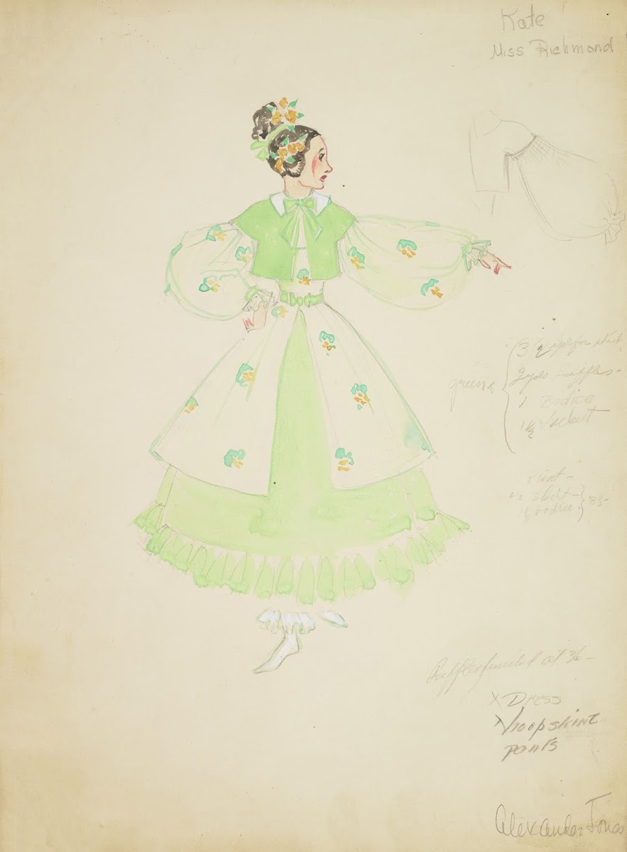 Pirates of Penzance Kate Patterned cream dress with green underskirt and green c