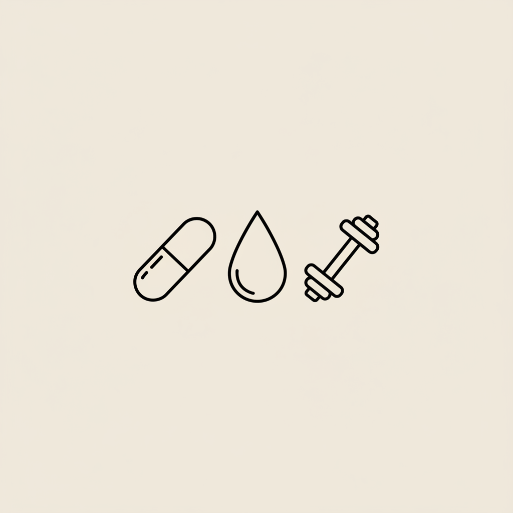 Minimalist vector line illustration of a capsule, water droplet, and small dumbbell on a beige background representing creatine weight gain and hydration for fitness.