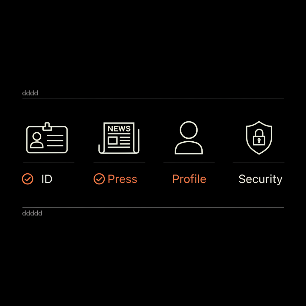 Minimal checklist infographic for Instagram verification showing ID, press links, public profile, and security icons on black background with light text and orange accents