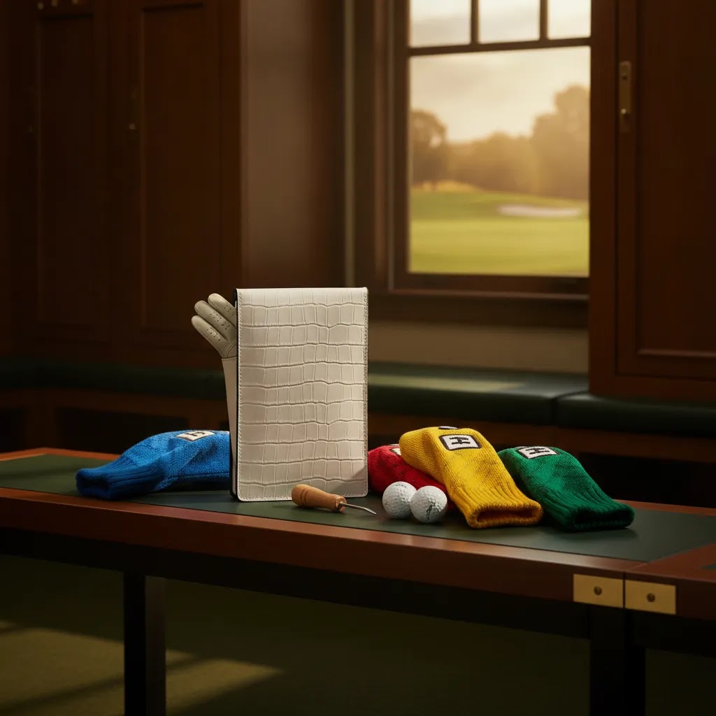 Bold golf headcovers styled with a premium leather golf day bag to show craftsmanship and value