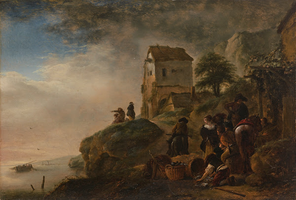 Fishermen displaying their catch on a rocky coast