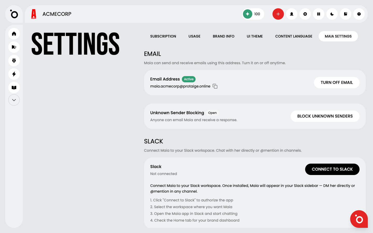 Maia tab in Settings showing her email address