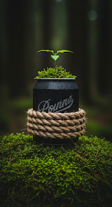 Dark Beverage Can Planter with Plant and Rope on Lush Green Moss