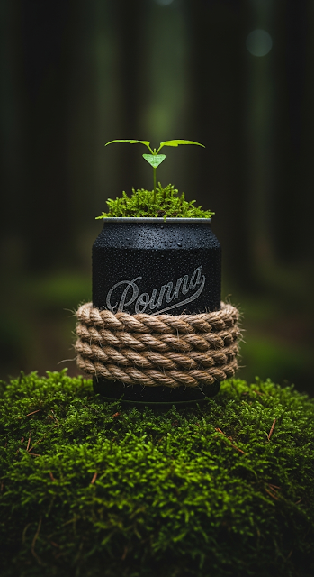 Dark Beverage Can Planter with Plant and Rope on Lush Green Moss