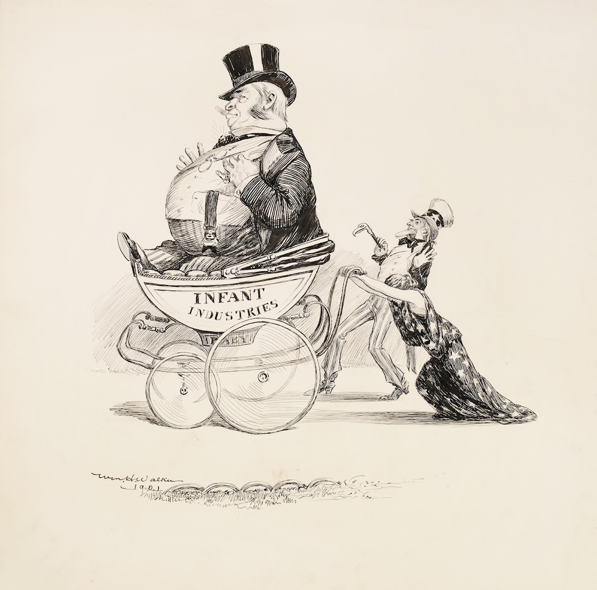 A woman struggles to push a large baby carriage with a fat man inside representi