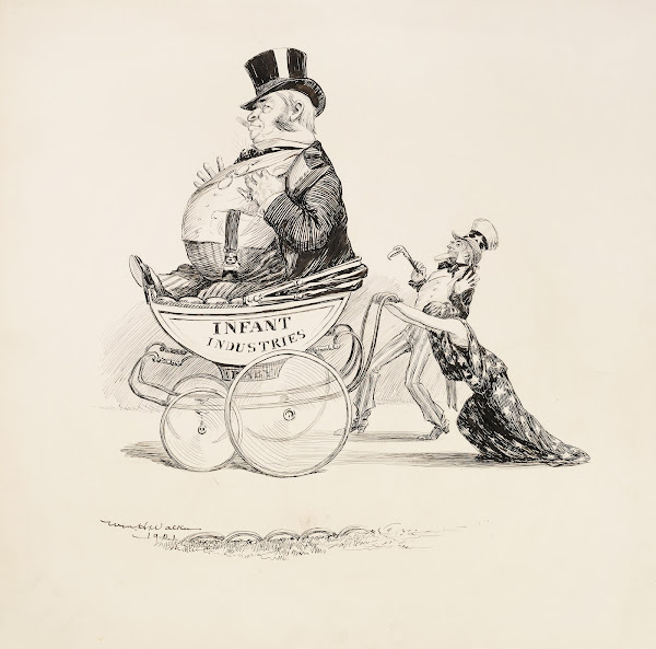 A woman struggles to push a large baby carriage with a fat man inside representi