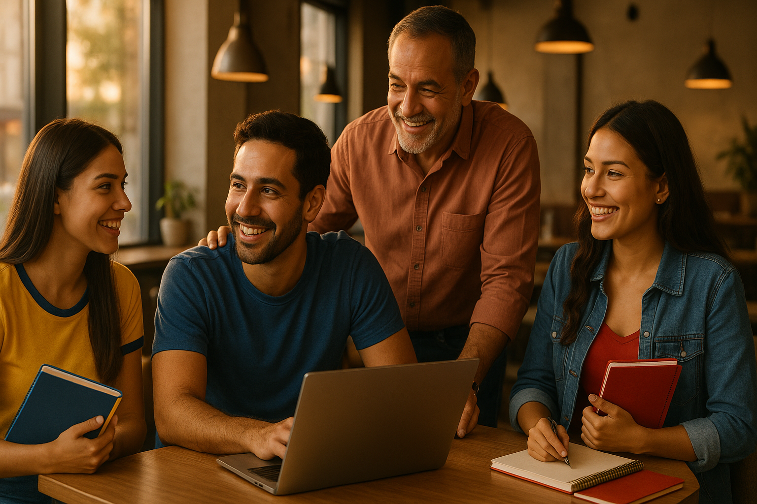 Venezolanos en la diáspora reunidos en mentoría grupal en un café moderno
