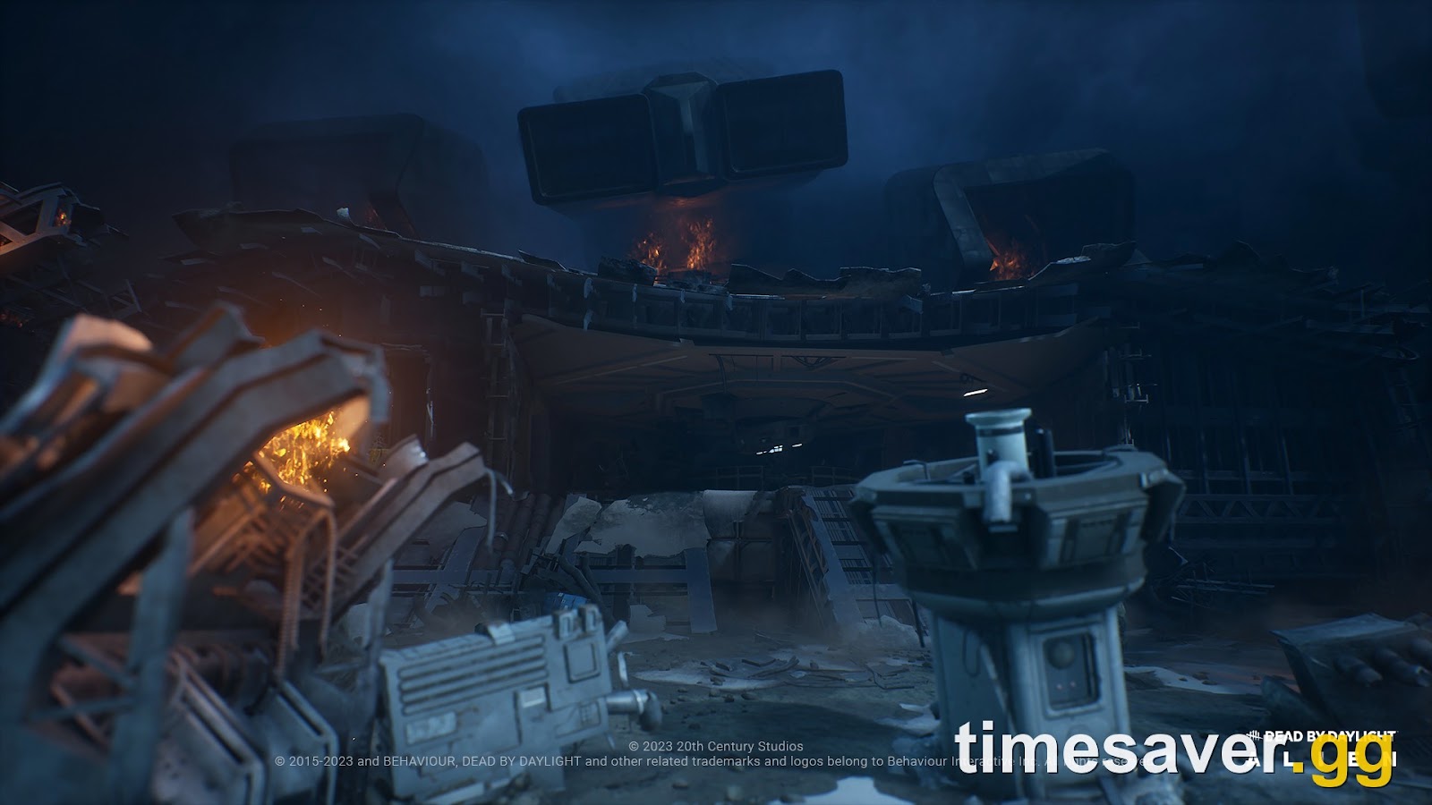 The wrecked exterior of the Nostromo Wreckage map in Dead by Daylight