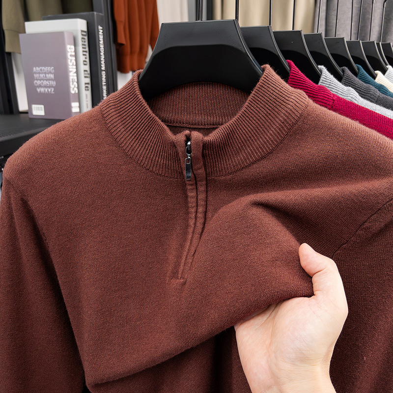 Men's Wool Pullover with Stand-Up Collar and Zipper