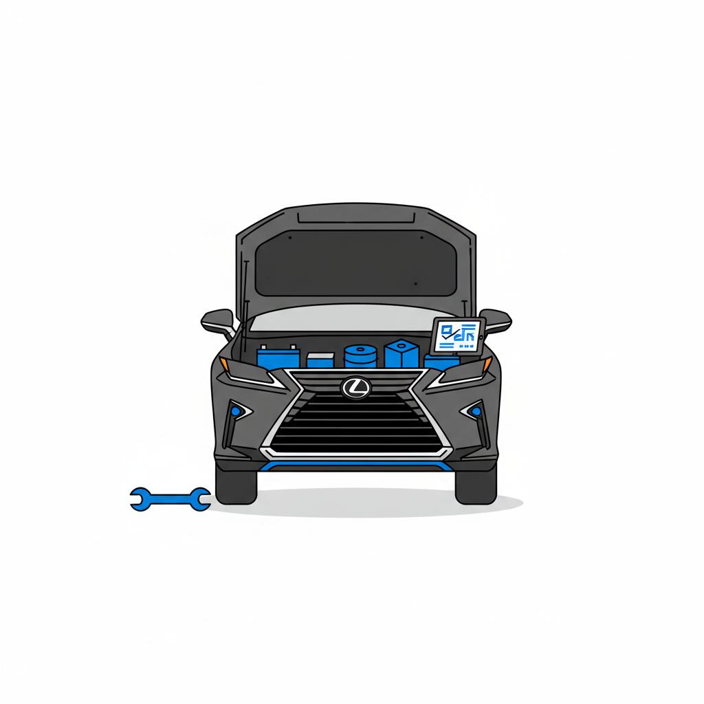 Minimalist 2D vector of open hood hybrid crossover showing simplified battery motor and inverter with tools in CarFax Deals blue and black colors lexus rx 350 for sale