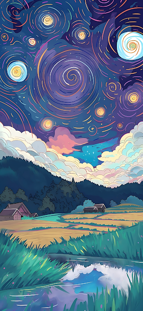 Dreamy Swirling Starry Sky Landscape Illustration - Free mobile Wallpaper