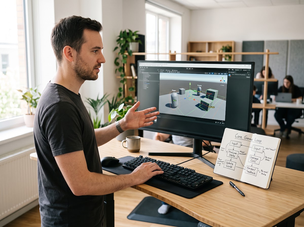 Game developer at a standing desk with Unity Editor showing greybox prototype scene, a notebook open to a hand-drawn core loop diagram, in a bright modern studio.
