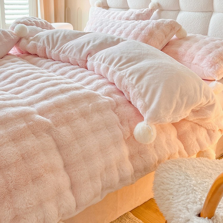 Fluffy Milk Fiber Fleece Bedding Set with Pom Poms