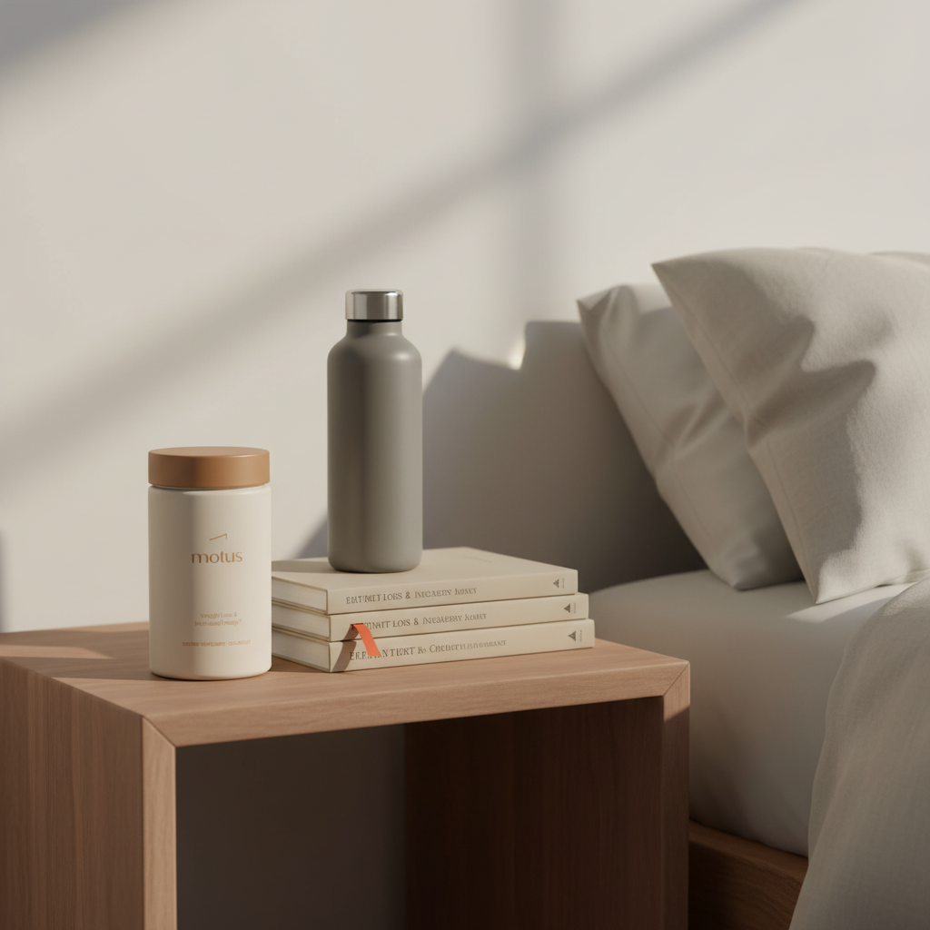 Minimal bedside scene with Tonum Motus supplement jar beside a reusable water bottle and wellness books on a neutral table, suggesting routines for poor metabolism.