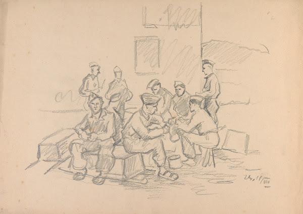 Grupa więźniów obierających ziemniaki 1943