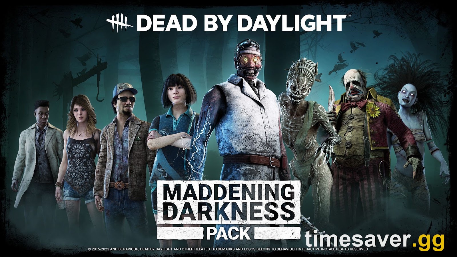 Maddening Darkness Pack promo art lining up The Doctor, The Hag, The Clown and The Spirit beside four survivors