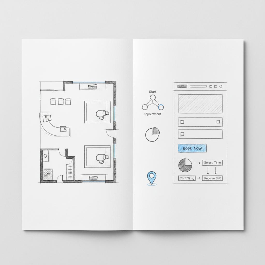 Top-down notebook sketch of a dentist office floor plan and website wireframe side-by-side, highlighting booking CTA and location pin &mdash; dental website cost visualization.