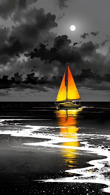 Sailboat with Golden Sails Under Full Moon on Dark Sea