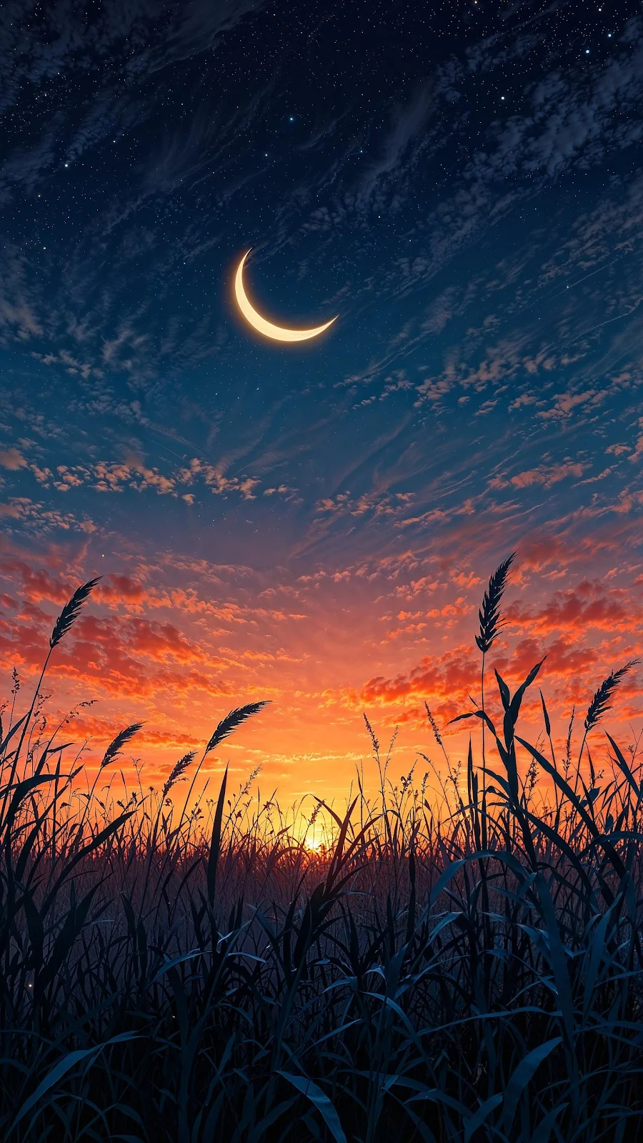 Crescent Moon Over Sunset Field - Digital Art 2K iPhone Wallpaper (1440x2560)