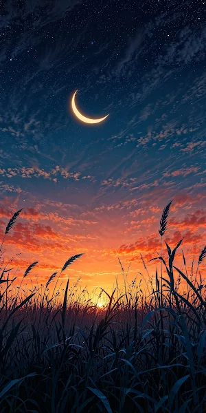 Crescent Moon Over Sunset Field 2K iPhone Wallpaper Background