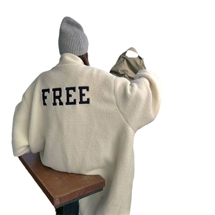 Long women's lamb fleece coat, standing collar, single-breasted