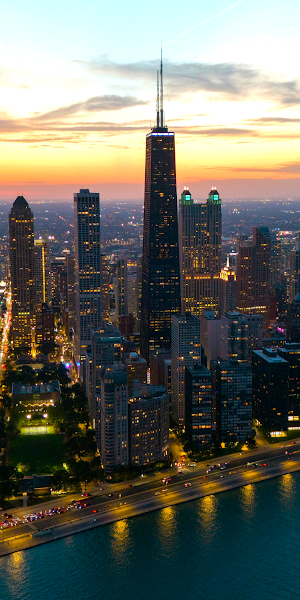 Chicago, Skyline, Cityscape, Sunset 4K Wallpaper Background
