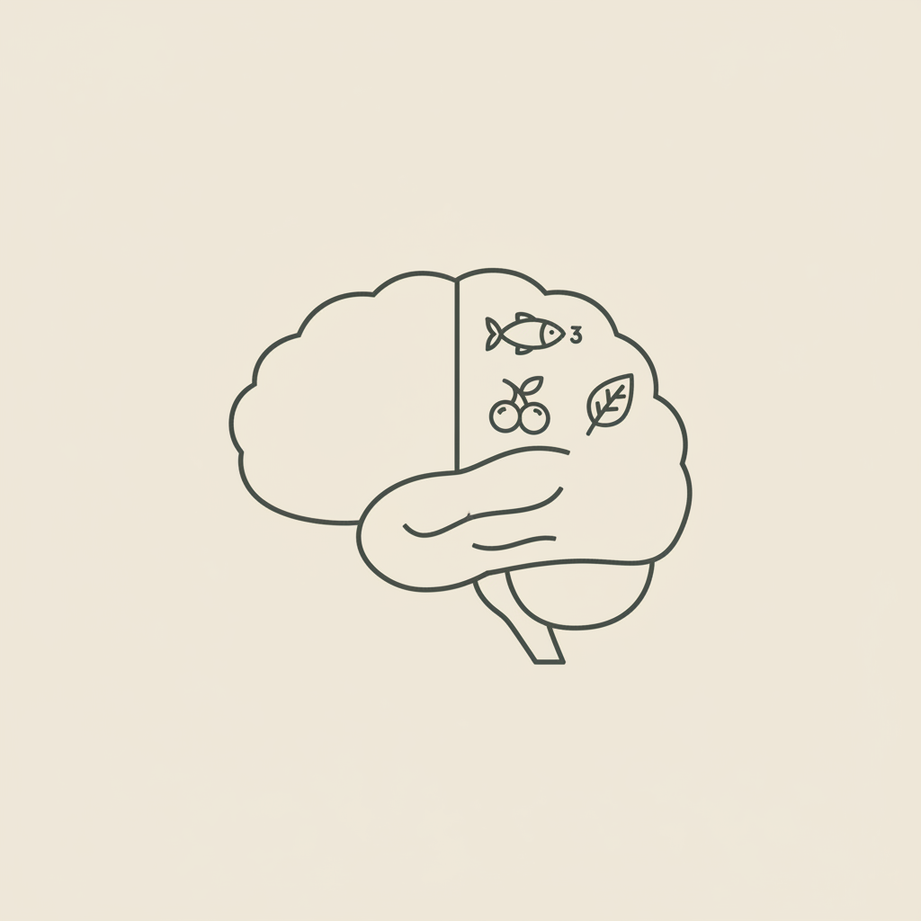 Minimalist vector line illustration of half brain with fish, berry and leaf icons for omega-3s, antioxidants and botanicals — best supplement for brain fog