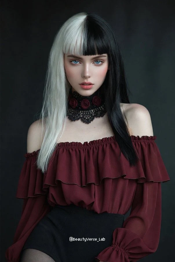 Impresionante mujer caucásica occidental de unos 20 años con un llamativo cabello bicolor, atuendo elegante, fotografía de moda cinematográfica.