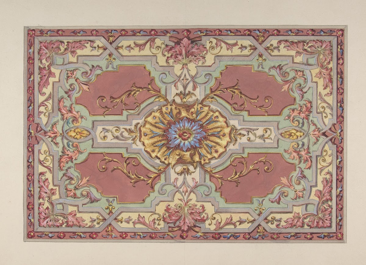 Design for a Painted Ceiling with Strapwork and Foliage on a Rose Background 19t