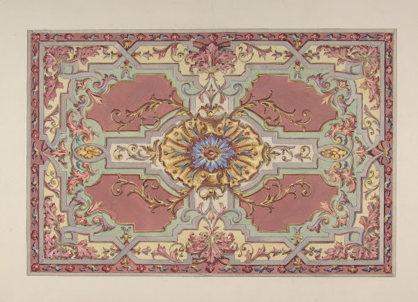 Design for a Painted Ceiling with Strapwork and Foliage on a Rose Background 19t