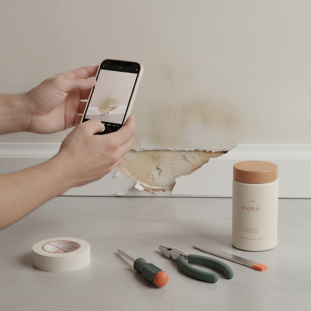 Close-up of hands photographing damp patch behind baseboard for mold detox inspection, toolkit and Tonum supplement container visible nearby