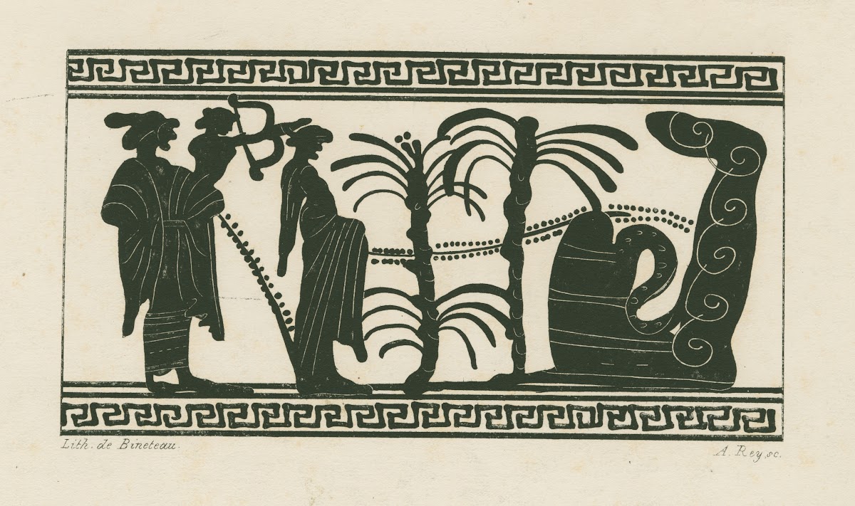 Apollo held by Leto shoots at Python in a landscape with palm trees 1844 1861