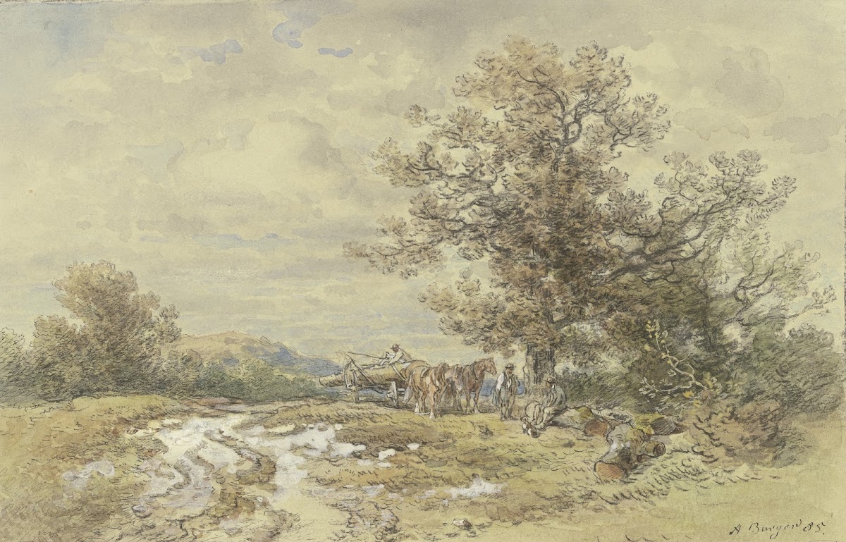 Landschaft mit hohem Baum und Holzfuhrwerk 1885
