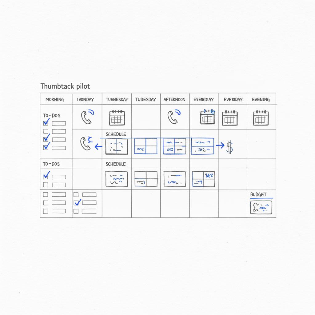 Close-up planner page of weekly Thumbtack earnings schedule with sketched phone, calendar, dollar icons and checklist boxes on white background with #1a5bfb accents.