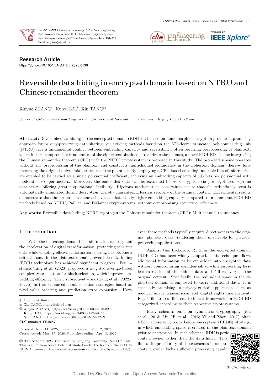 Reversible data hiding in encrypted domain based on NTRU and Chinese remainder theorem