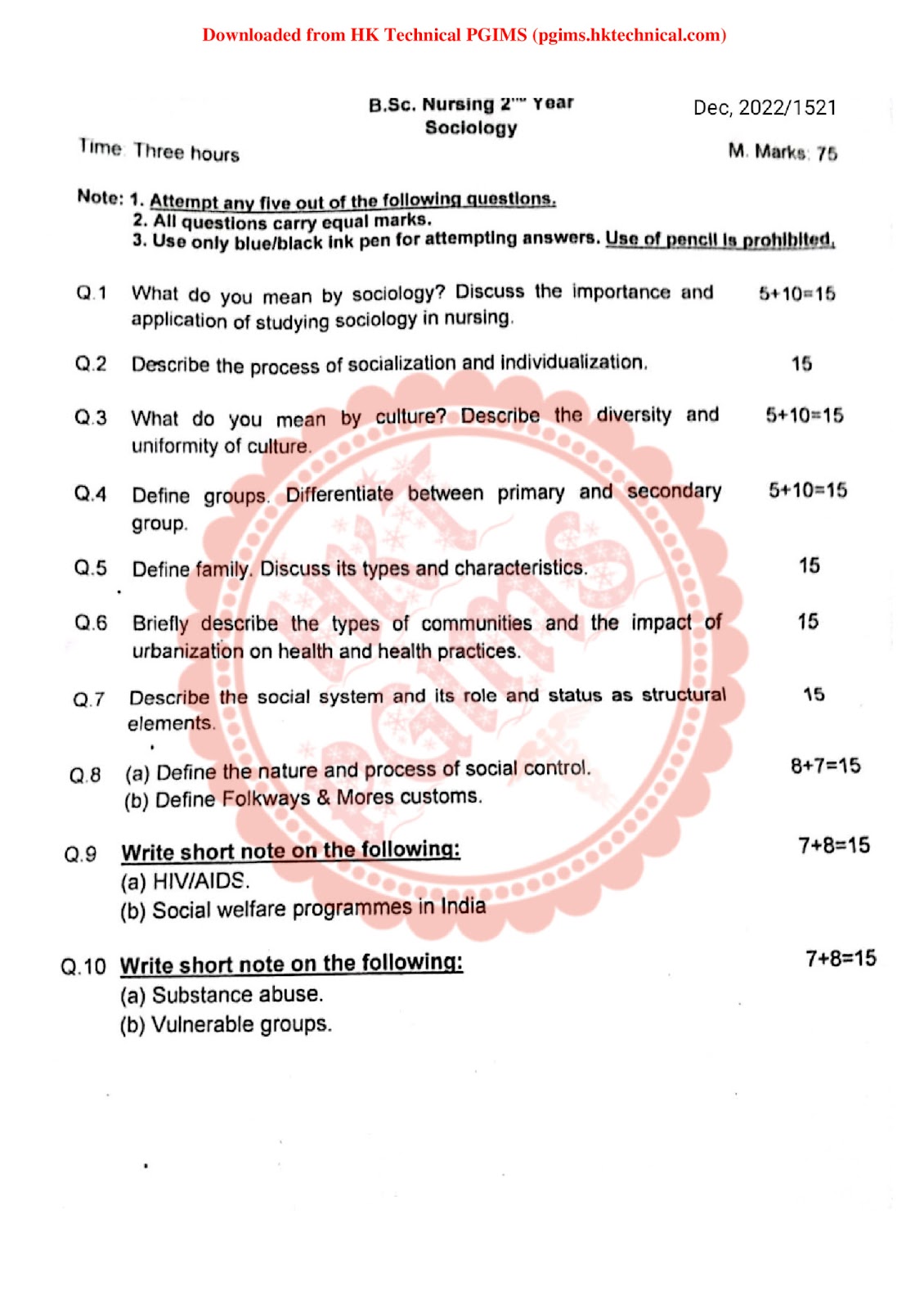 Sociology 2nd Year BSc Nursing Previous Year's Question Paper,Sociology,Previous Year's Question Papers,PGIMS Question Paper,BSc Nursing,BSc Nursing 2nd Year,Sociology,University of Health Sciences Rohtak (UHSR),