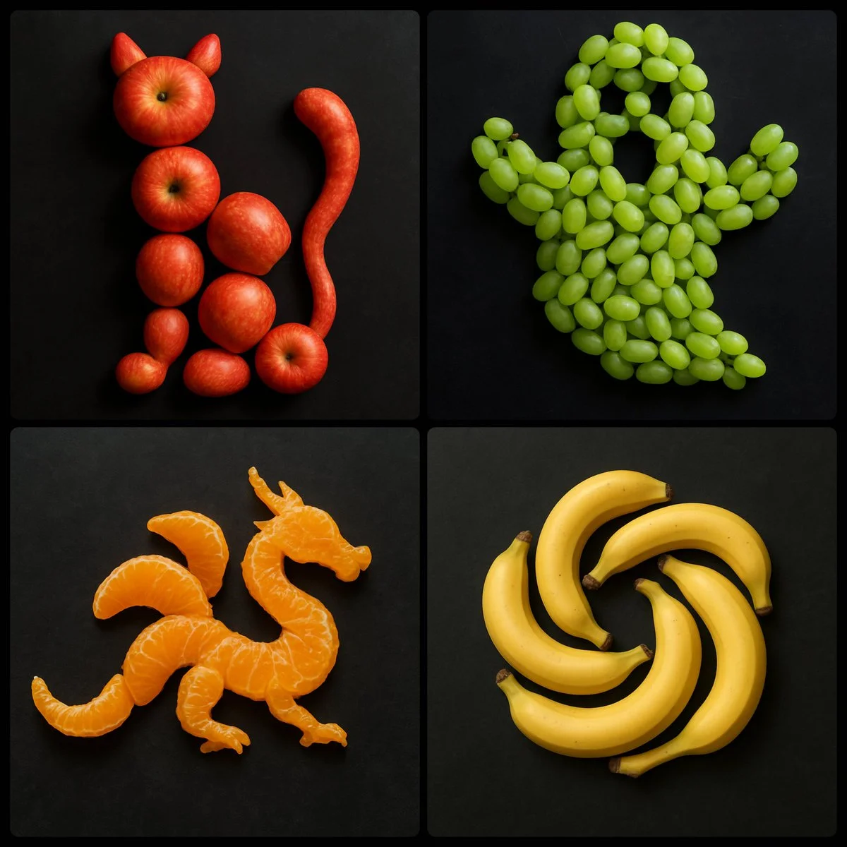Arreglo de frutas que forma una figura específica sobre una superficie oscura.