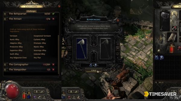 The PoE2 Runeforging interface showing the Alloy reward list — Runefather's and Runebinder's Alloy are now 8-slot Remnant rewards in 0.5.2