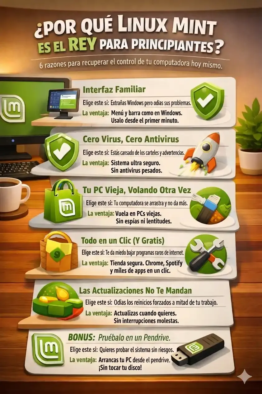 Infografía: Por qué Linux Mint es la mejor opción para principiantes y el uso cotidiano.